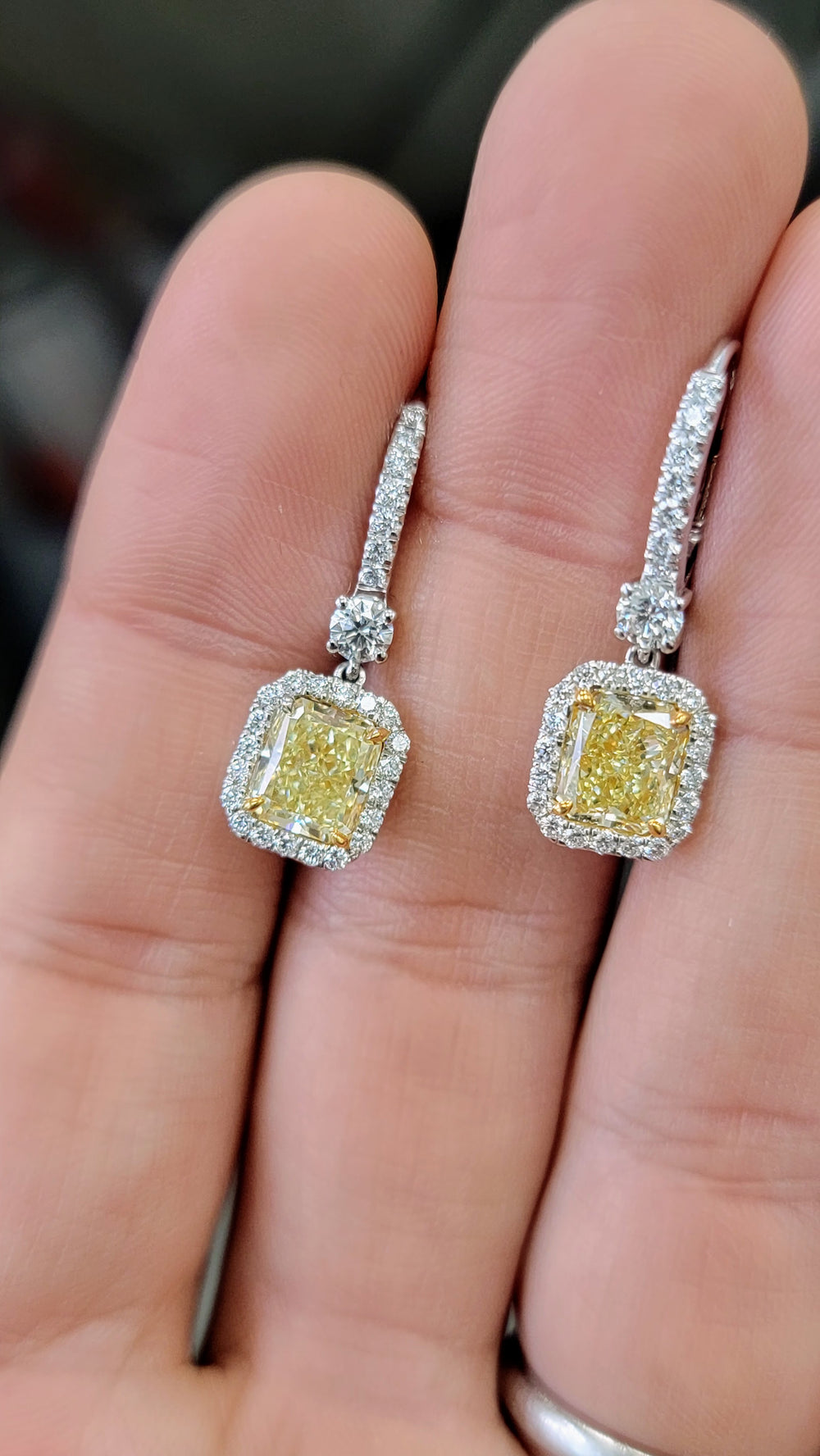 1.61ct & 1.75ct Fancy Light Yellow Radiant Diamond Earrings VS GIA