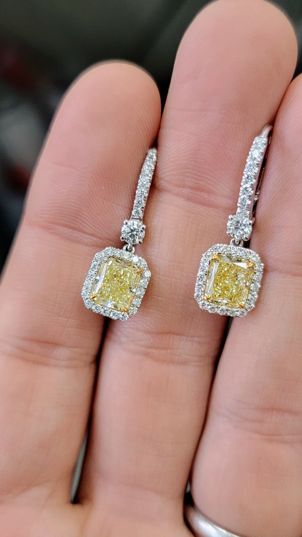 1.61ct & 1.75ct Fancy Light Yellow Radiant Diamond Earrings VS GIA