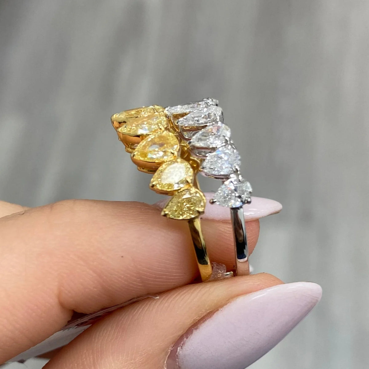 Yellow Pear Diamond & White Pear Double Row Ring