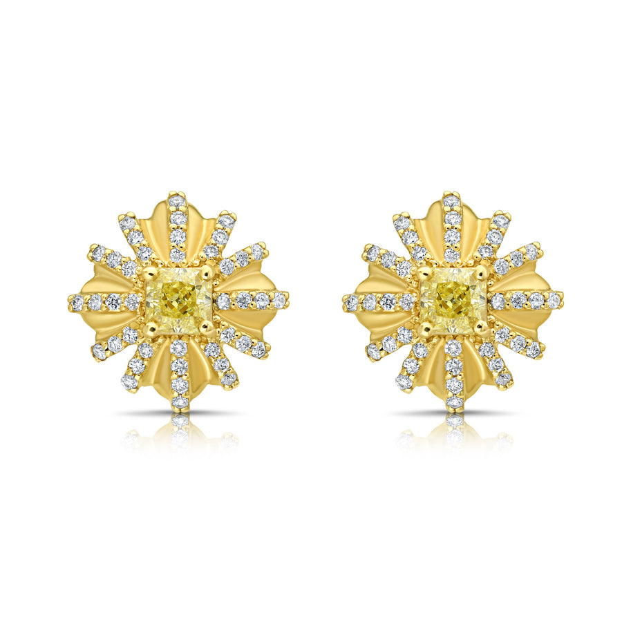 0.69ctw Yellow Square Radiant Diamond Flower Stud Earrings