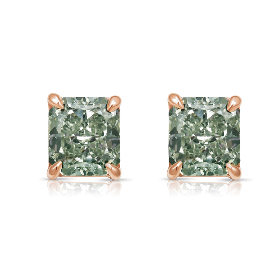 3.52ctw Green Chameleon Radiant Diamond Stud Earrings GIA