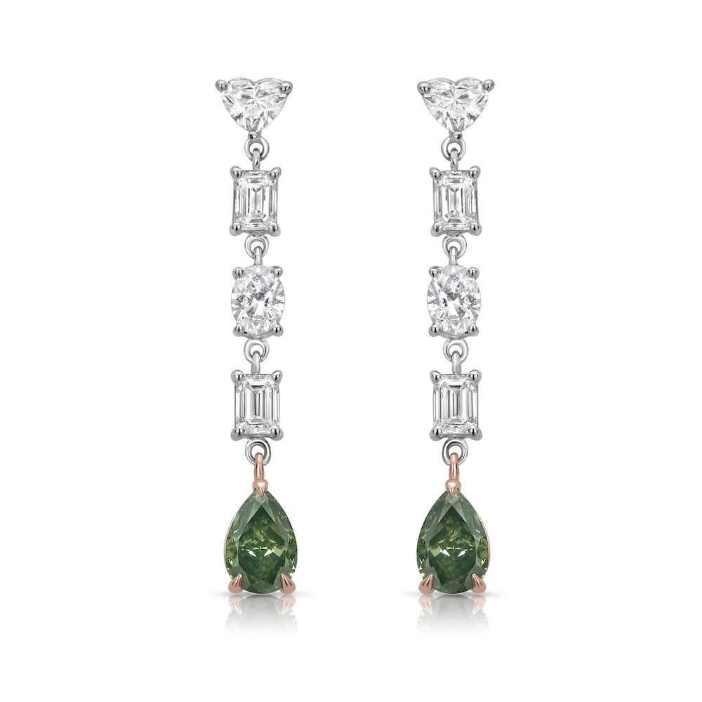 5.13ctw Fancy Green Chameleon Pear Diamond Dangle Earrings I1 GIA