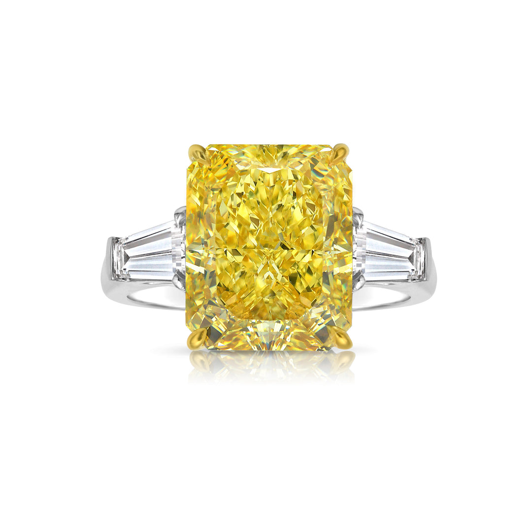 5.52ct Fancy Yellow Elongated Radiant Diamond Ring with 0.64ctw Baguette Side Stones