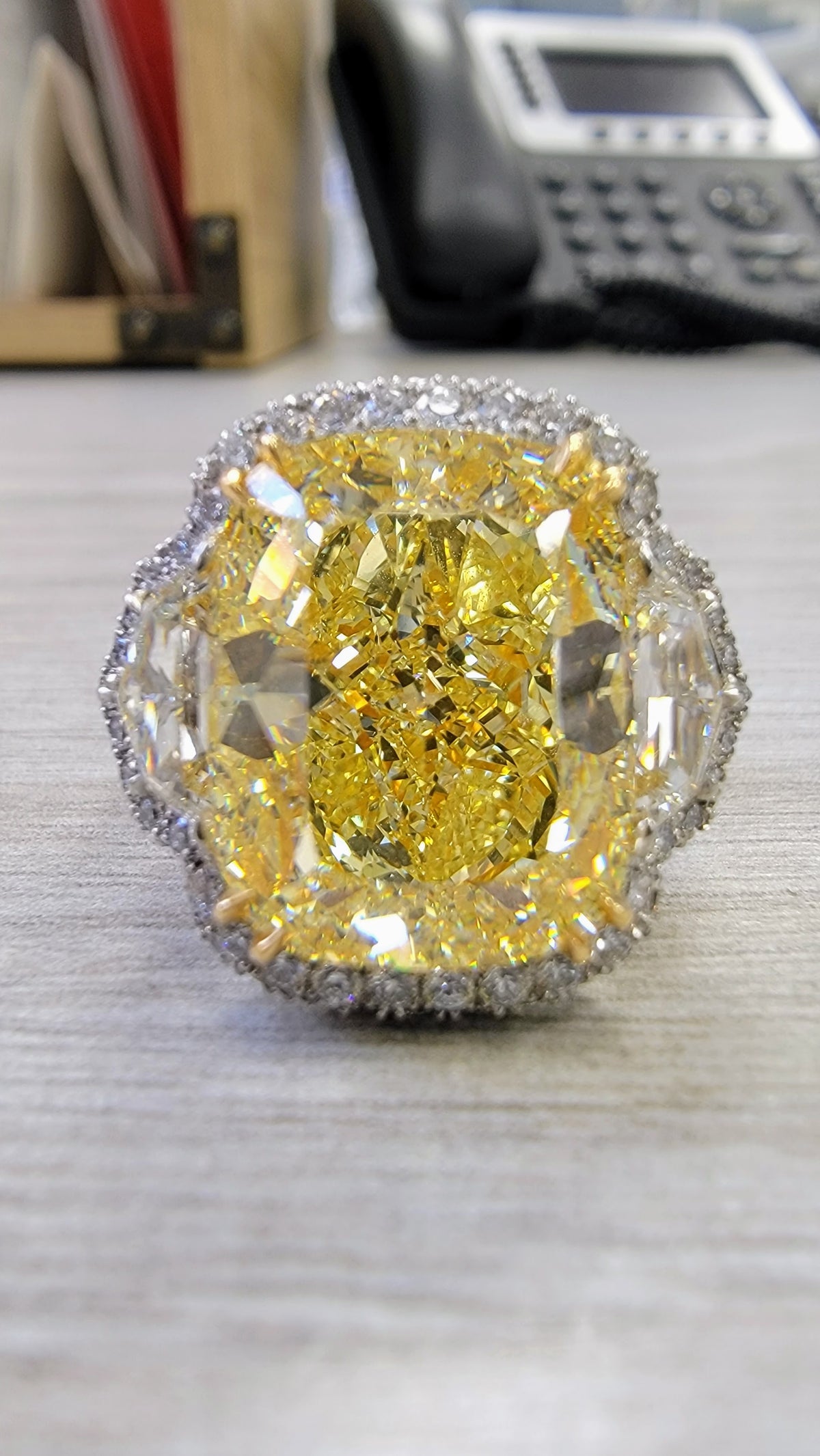 13.30ct Fancy Intense Yellow Elongated Cushion Diamond Internally Flawless Ring GIA