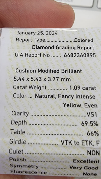 1.09ct Fancy Intense Yellow Cushion VS1 GIA
