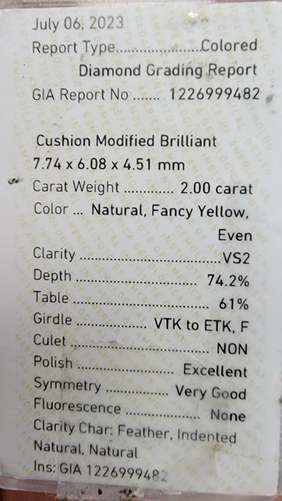 2.00ct Fancy Yellow Elongated Cushion VS2 GIA