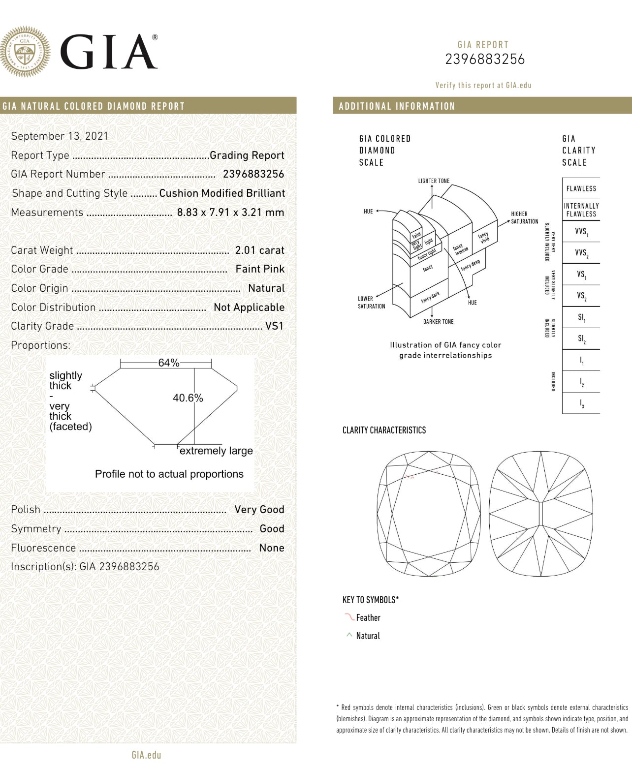 2.01ct Faint Pink Cushion VS1 GIA