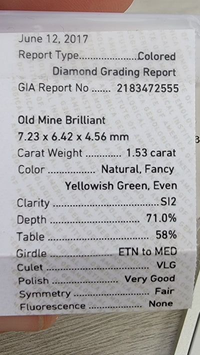 1.53ct Fancy Yellowish Green Old Mine SI2 GIA