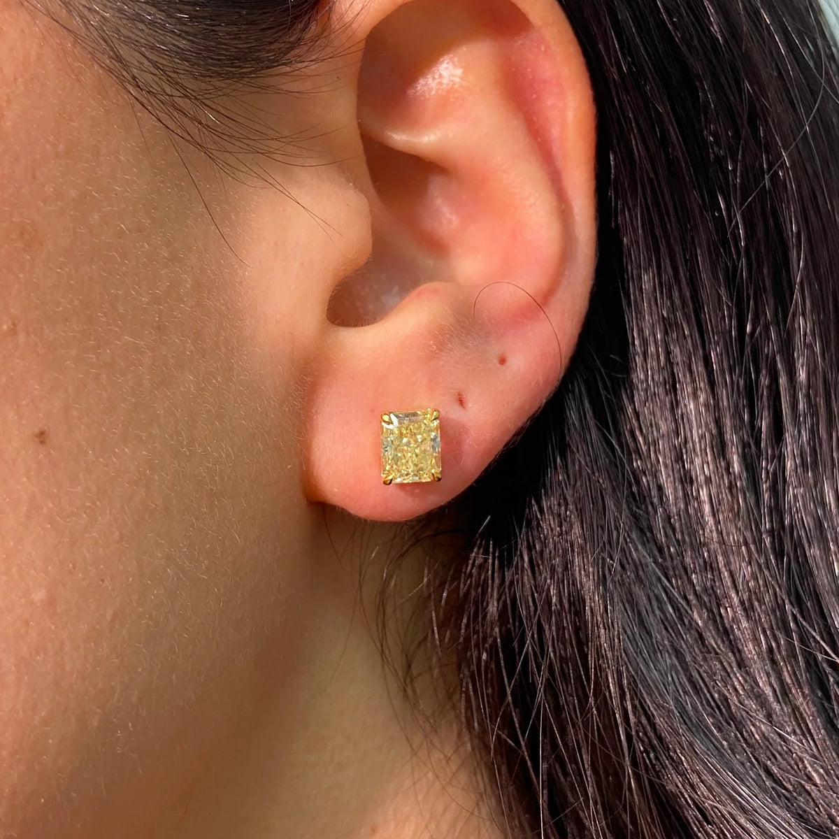 2.85ctw Fancy Yellow Elongated Radiant Diamond Stud Earrings VS GIA