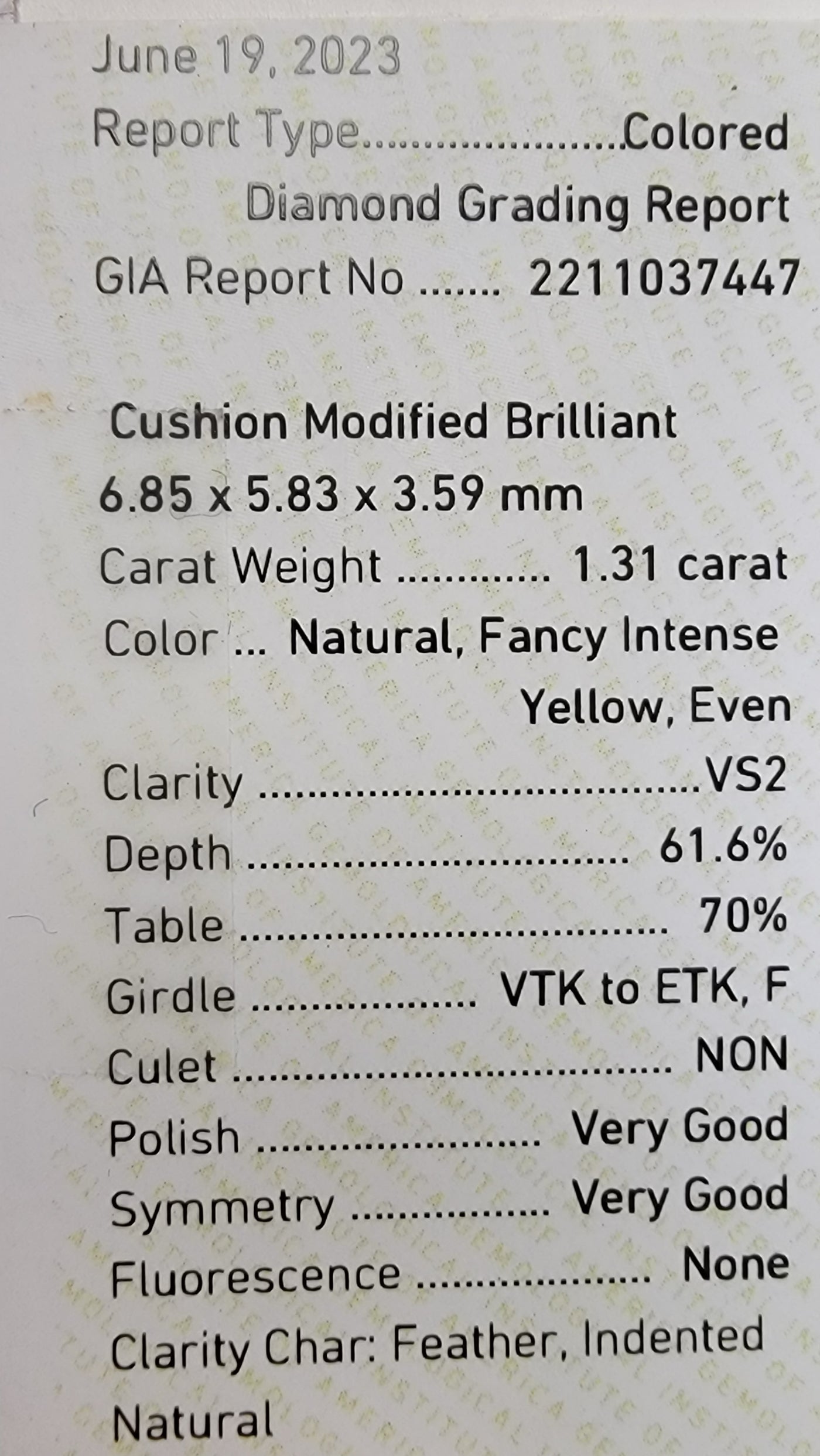 1.31ct Fancy Intense Yellow Cushion VS2 GIA