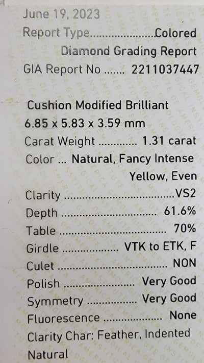 1.31ct Fancy Intense Yellow Cushion VS2 GIA