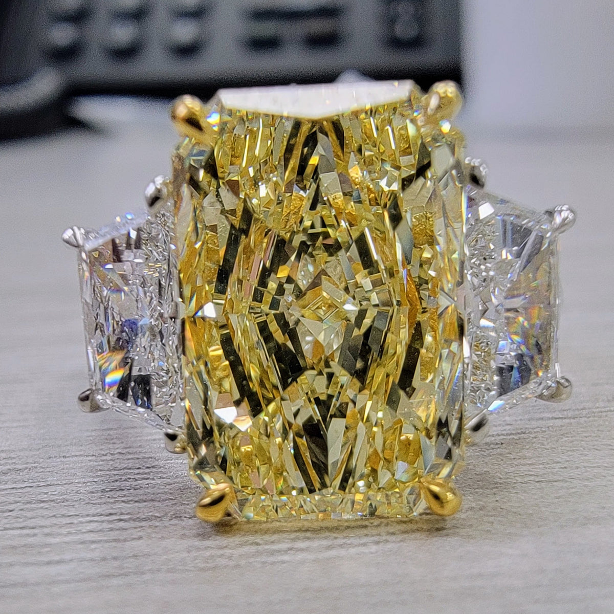 4ct Fancy Yellow Elongated Radiant Diamond Ring GIA