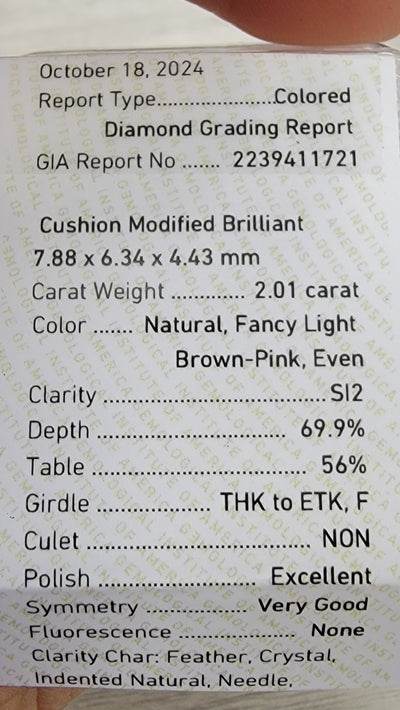2.01ct Fancy Light Brown Oink Cushion SI2 GIA