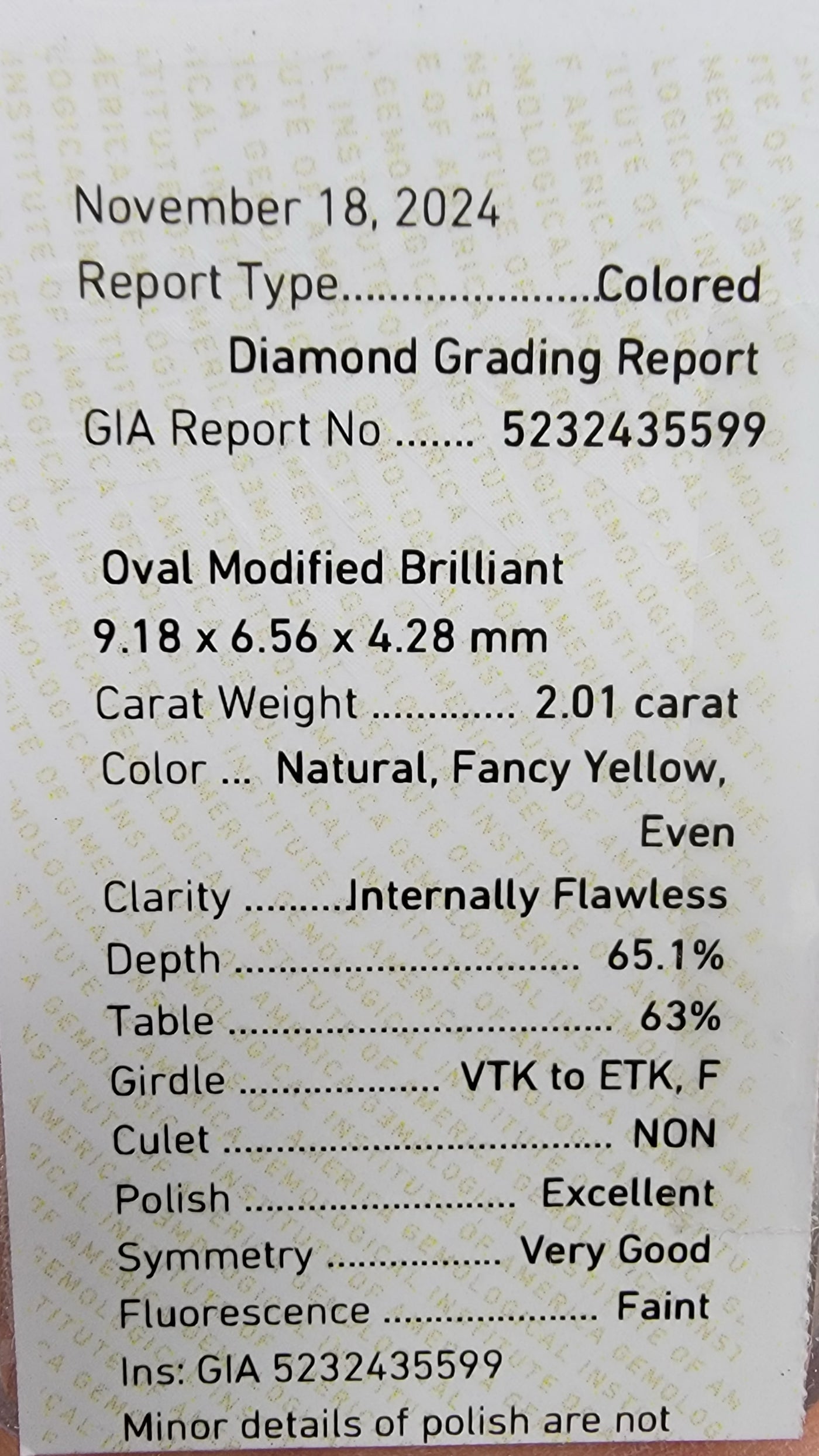 2.01ct Fancy Yellow Oval Internally Flawess GIA