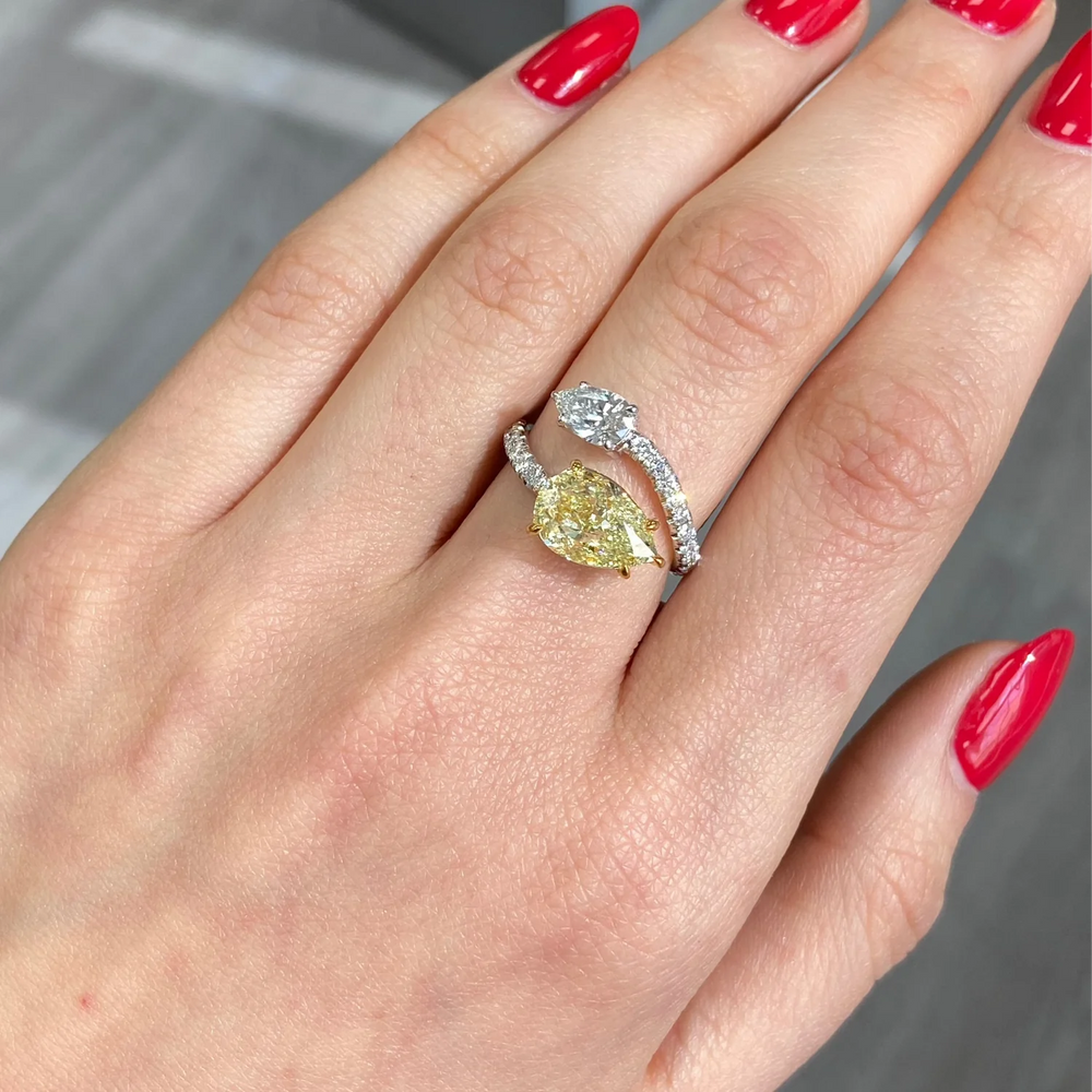 Yellow Pear Diamond and White Pear Diamond Spiral Ring