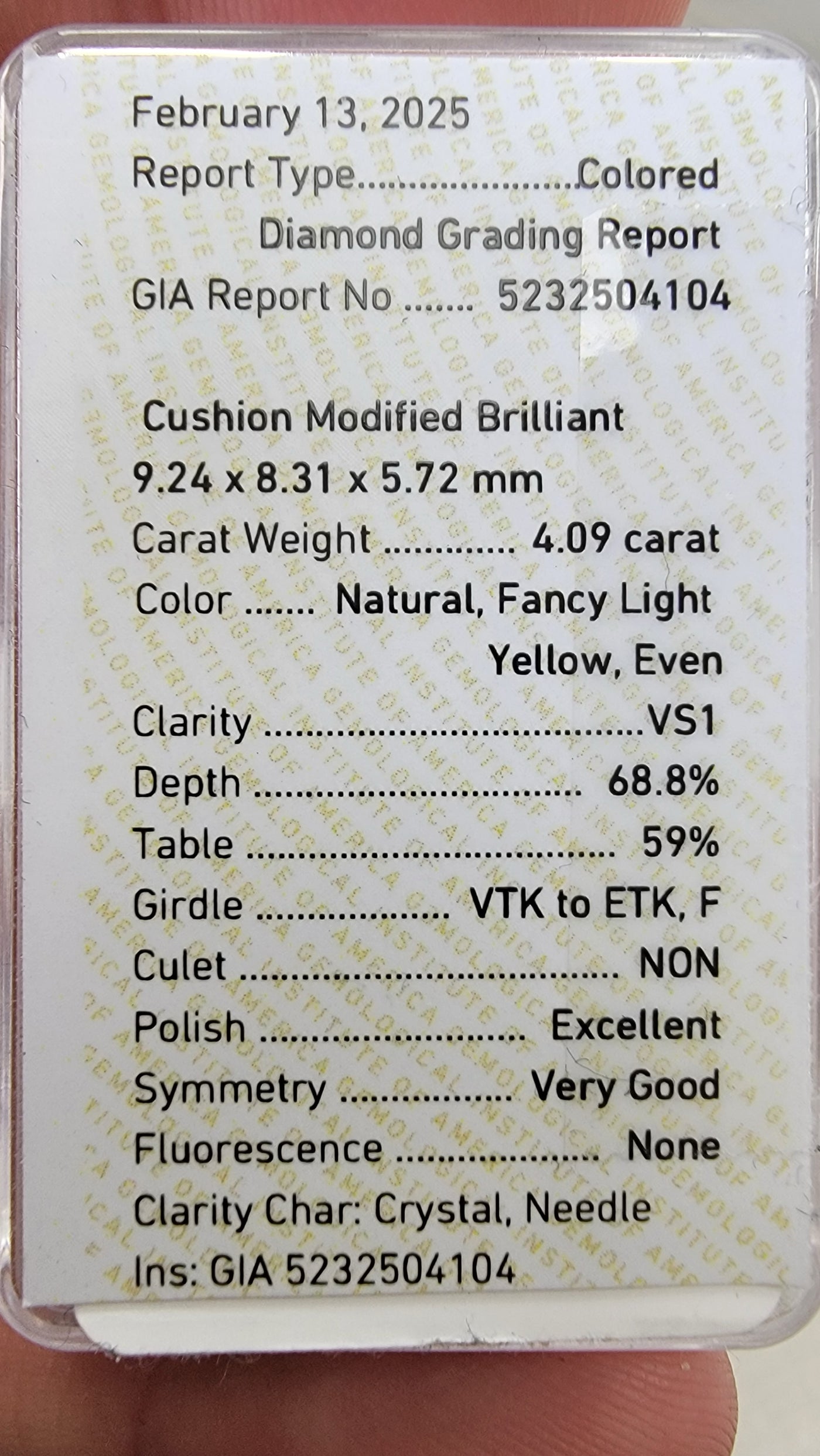 4.09ct Fancy Light Yellow Cushion VS1 GIA