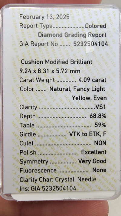 4.09ct Fancy Light Yellow Cushion VS1 GIA