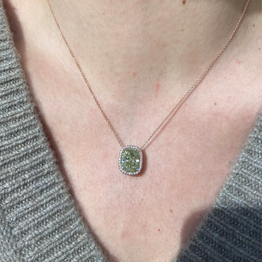 5.83ct Fancy Grayish Yellowish Green Cushion Diamond Pendant GIA