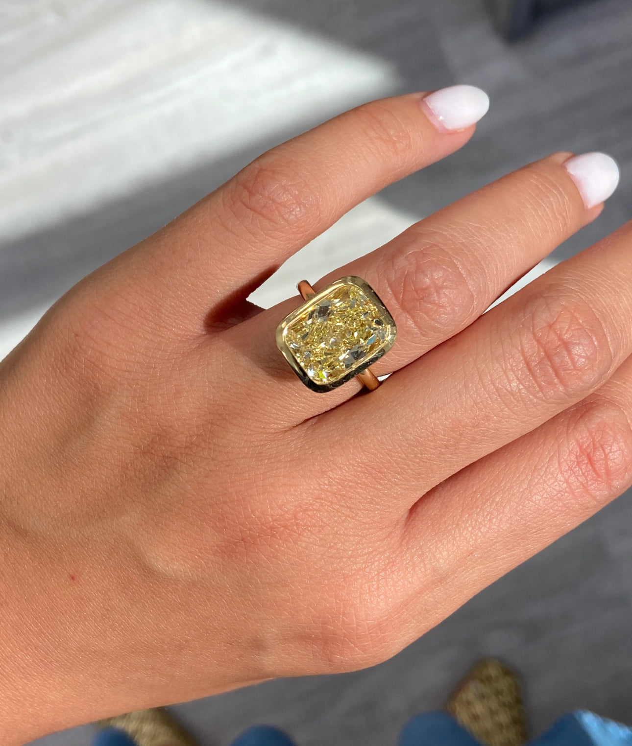 8.25ct Fancy Yellow Elongated Cushion VS2 GIA Bezel Ring