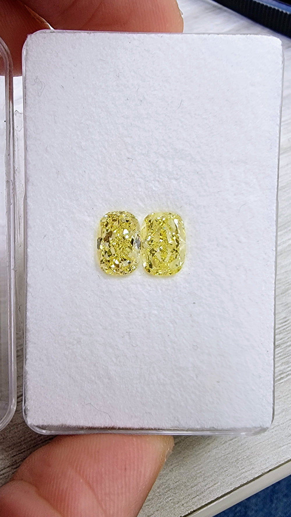 1.80ct & 1.84ct Fancy Intense Yellow Elongated Cushion Diamonds VS GIA