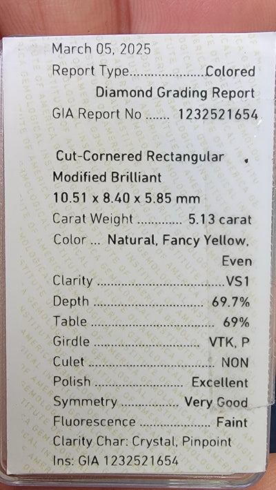 5.13ct Fancy Yellow Elongated Radiant VS1 GIA