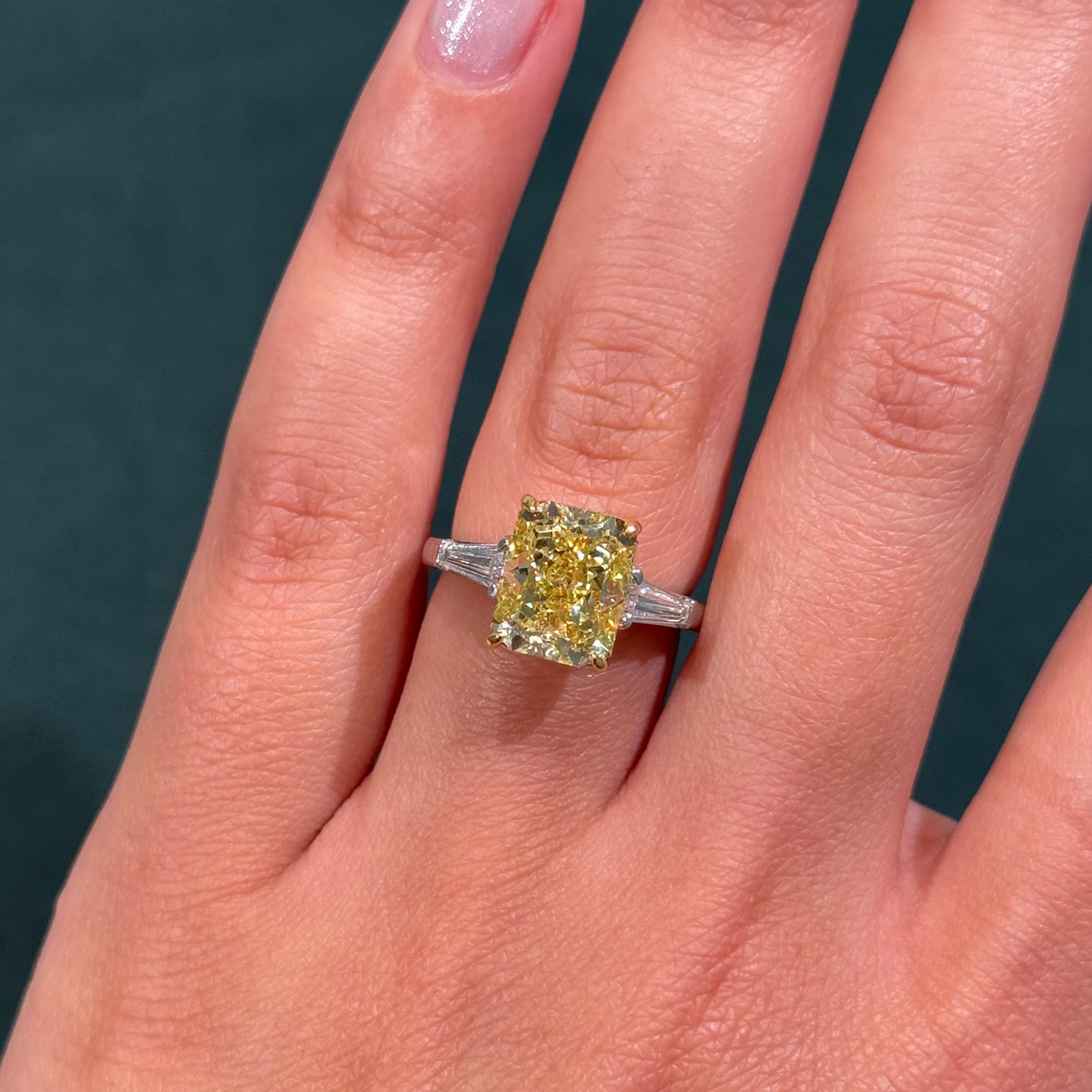 4.05ct Fancy Intense Yellow Elongated Radiant Diamond Ring VVS1 GIA