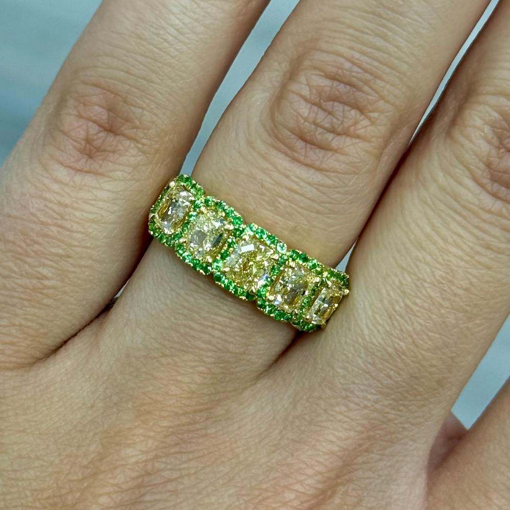2.52ctw Yellow Diamond & Tsavorite Five Stone Band GIA