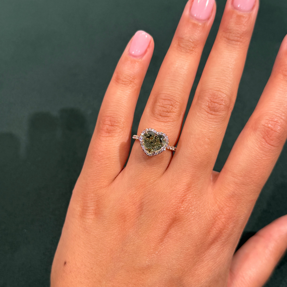 3.42ct Fancy Grayish Yellowish Green Heart Diamond Ring VS2 GIA