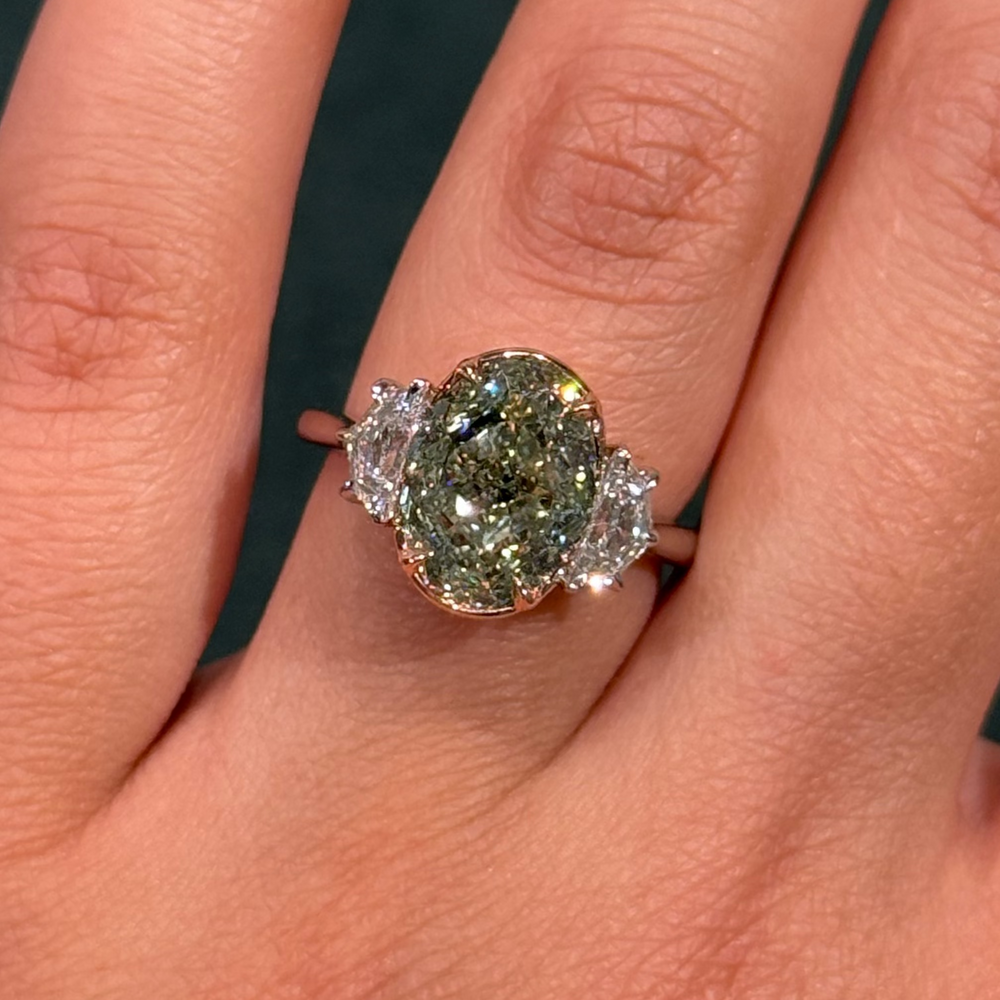 Green Oval Diamond Three Stone Ring by Namdar