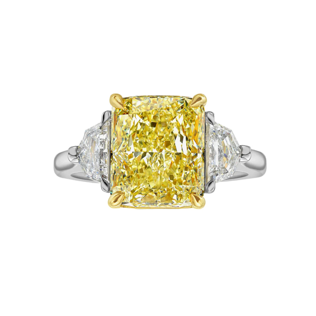 5.02ct Fancy Yellow Elongated Radiant Diamond Ring with Cadillac Side Diamonds