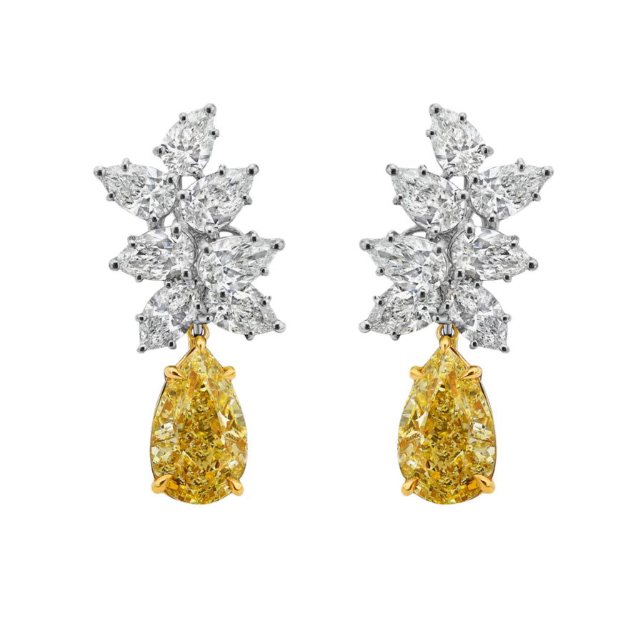 3.05ct & 3.33ct Light Yellow Pear Diamond Cluster Earrings GIA