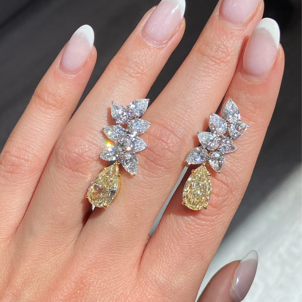 3.05ct & 3.33ct Light Yellow Pear Diamond Cluster Earrings GIA