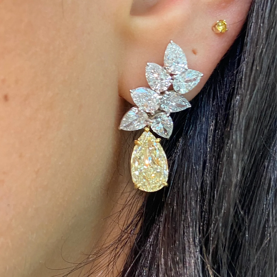 3.05ct & 3.33ct Light Yellow Pear Diamond Cluster Earrings GIA