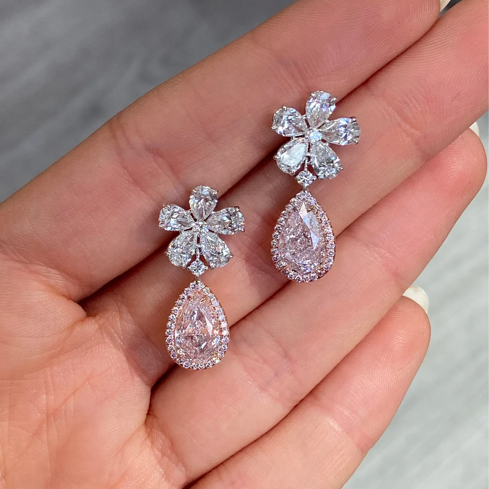 2.22ct & 2.02ct Light Pink Pear Diamond Dangle Earrings VS GIA
