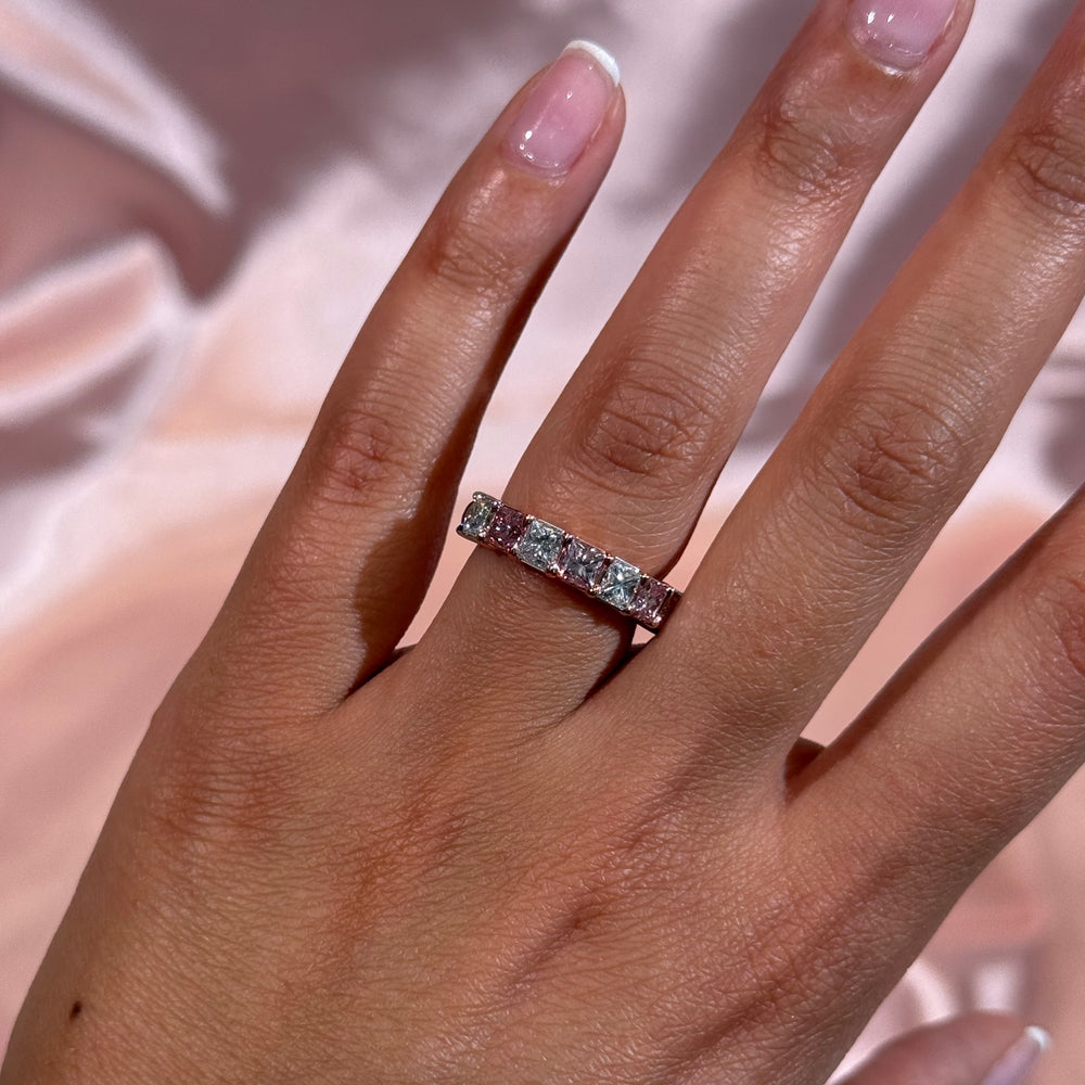 2.07ctw Fancy Intense Pink and Colorless Princess-Cut Diamond Alternating Half Eternity Band GIA
