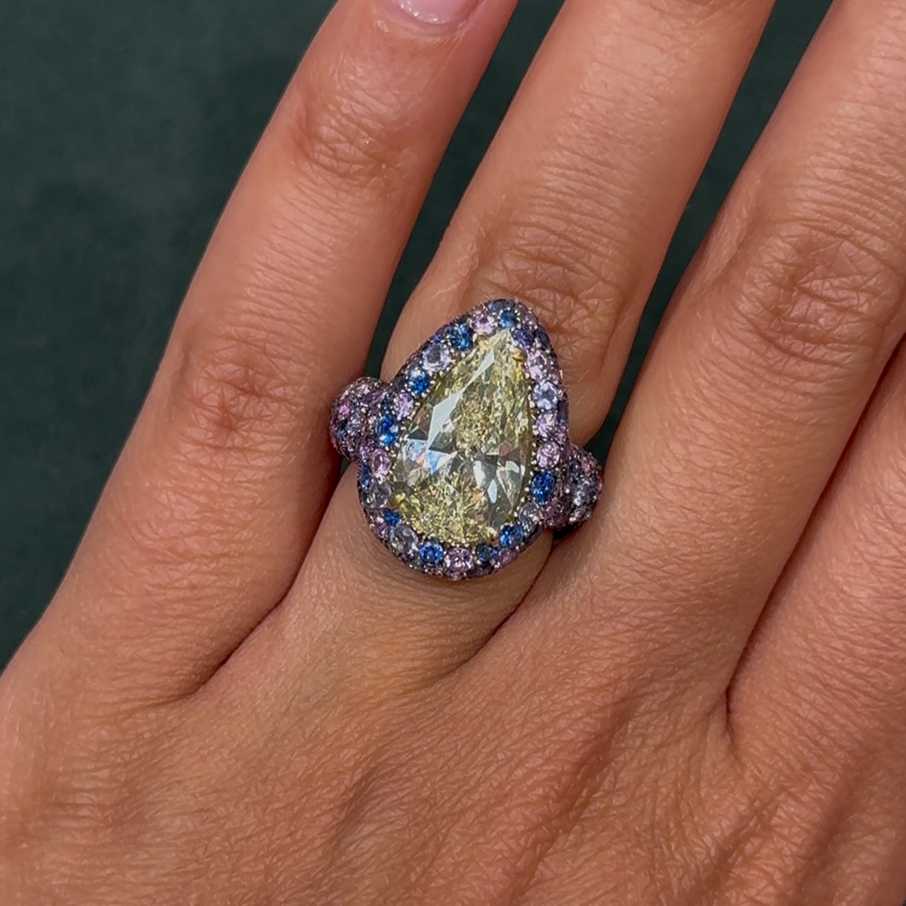 4.3ct Light Yellow Pear Diamond Bubble Pave Sapphire Ring VS1 GIA