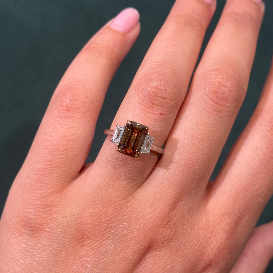 3.03ct Fancy Dark Yellowish Brown Emerald-Cut Diamond Ring VS2 GIA
