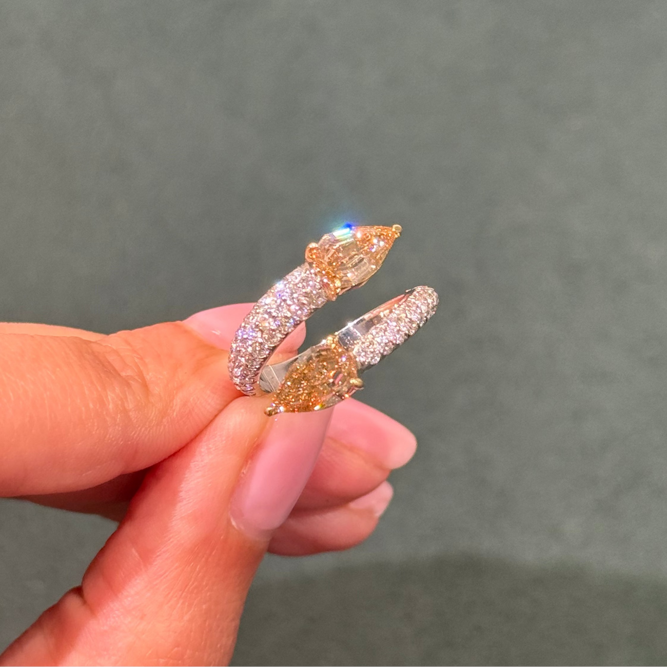 1.22ct Champagne Step-Cut Pear Diamond Pavé Double Spiral Ring VS1 GIA