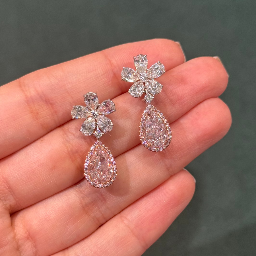 2.22ct & 2.02ct Light Pink Pear Diamond Dangle Earrings VS GIA