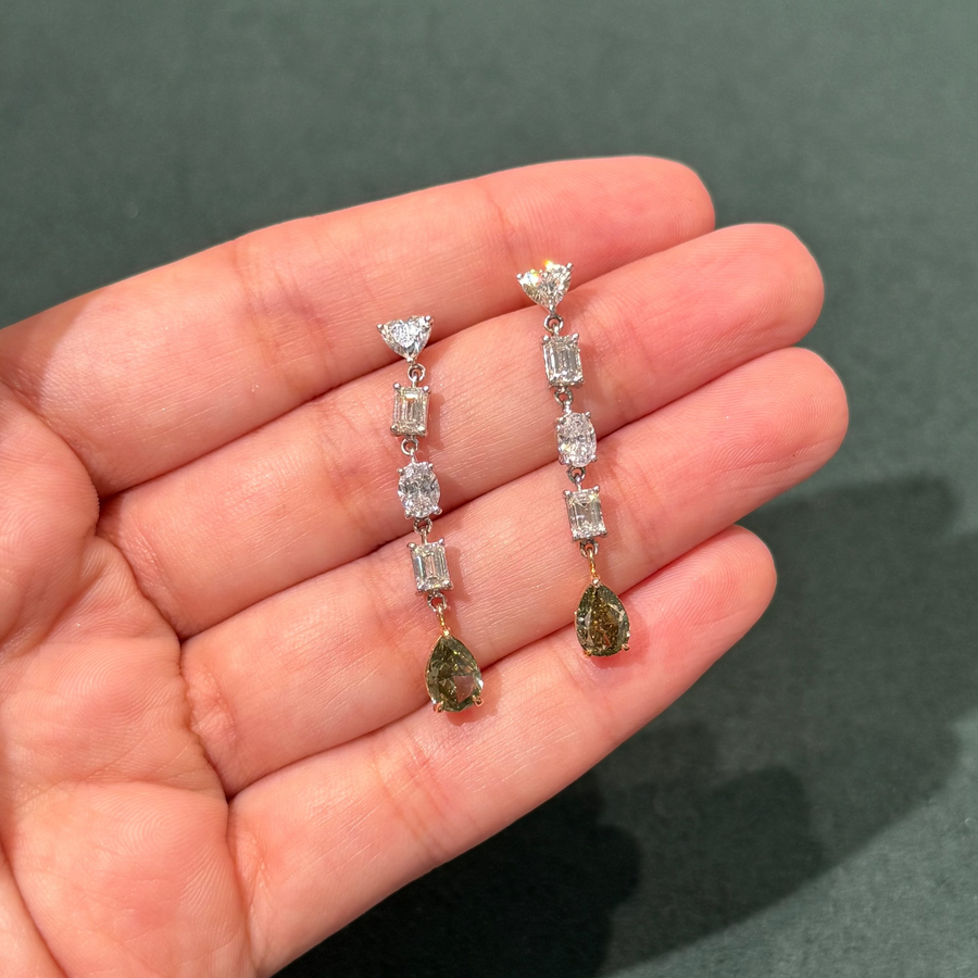 5.13ctw Fancy Green Chameleon Pear Diamond Dangle Earrings I1 GIA