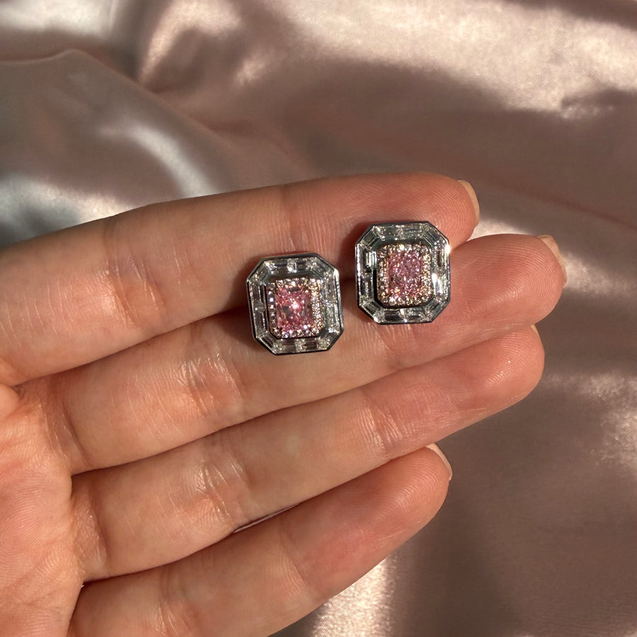3.47ctw Pink Elongated Radiant Diamond Halo Stud Earrings GIA