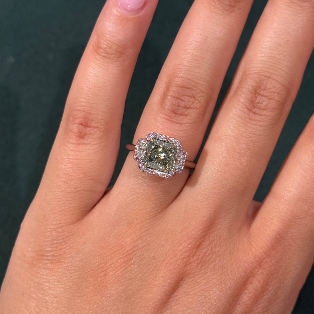 2.54ct Fancy Grayish Yellowish Green Radiant Diamond Ring SI1 GIA