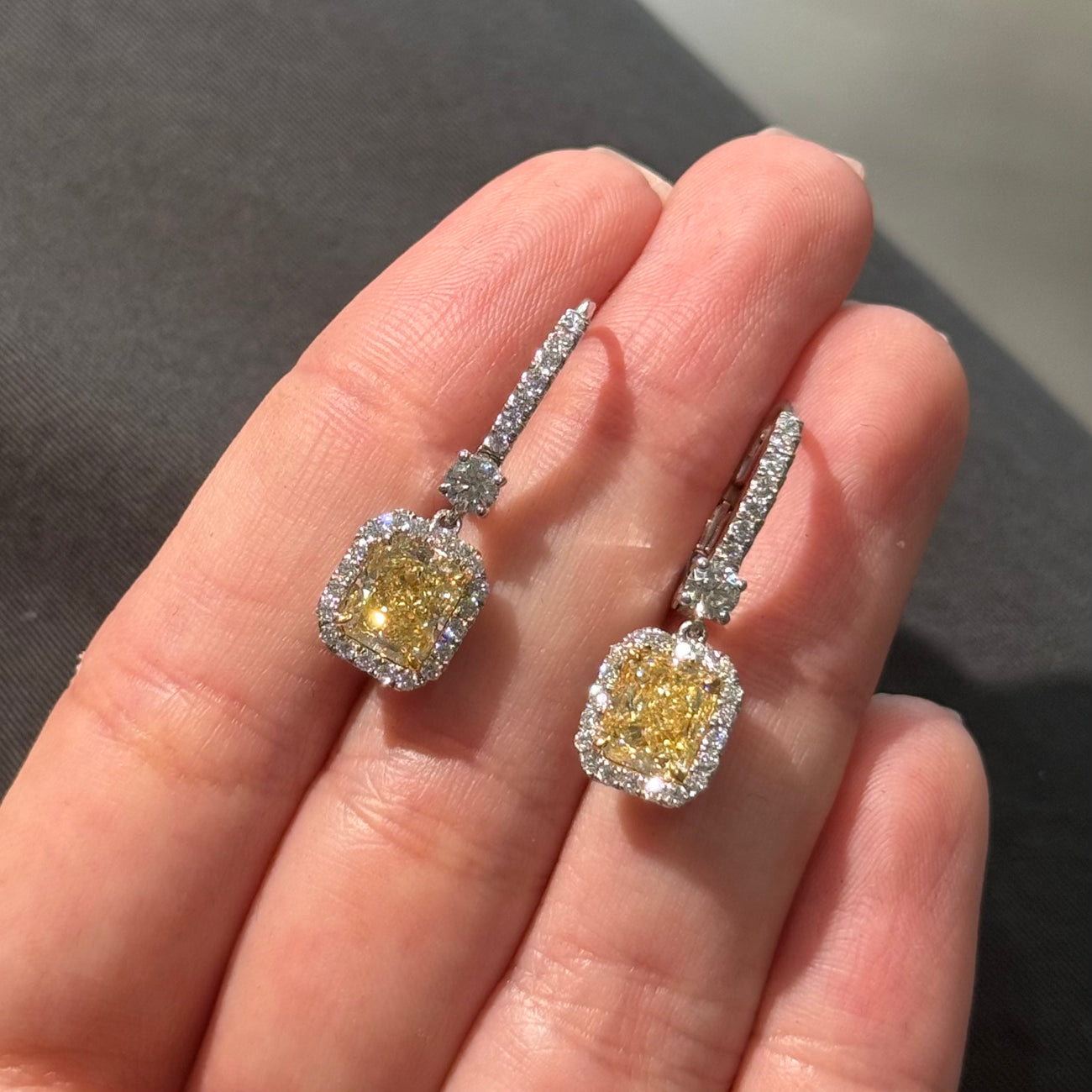 1.61ct & 1.75ct Fancy Light Yellow Radiant Diamond Earrings VS GIA