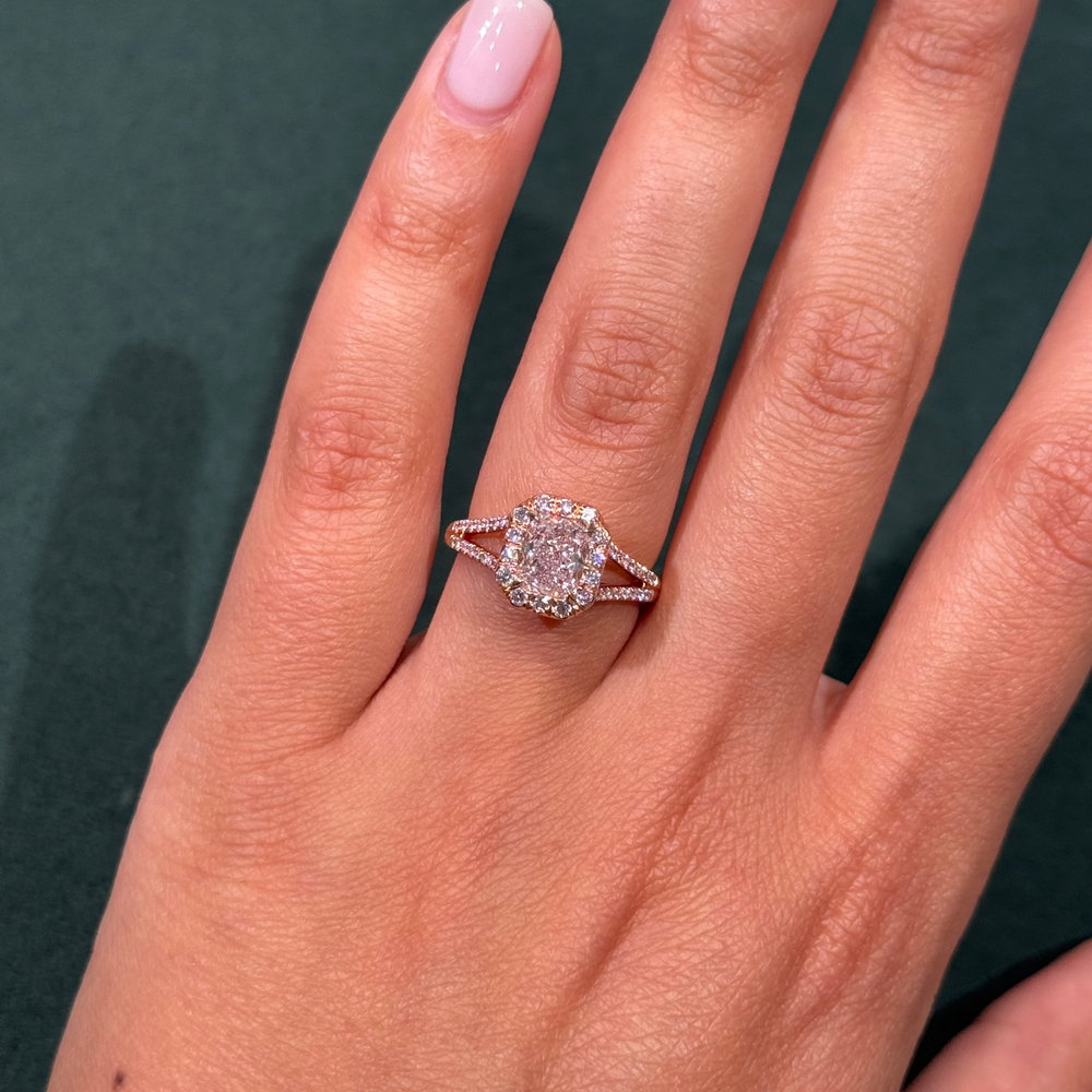 1.11ct Light Pink Radiant Diamond Split Shank Halo Ring VS2 GIA