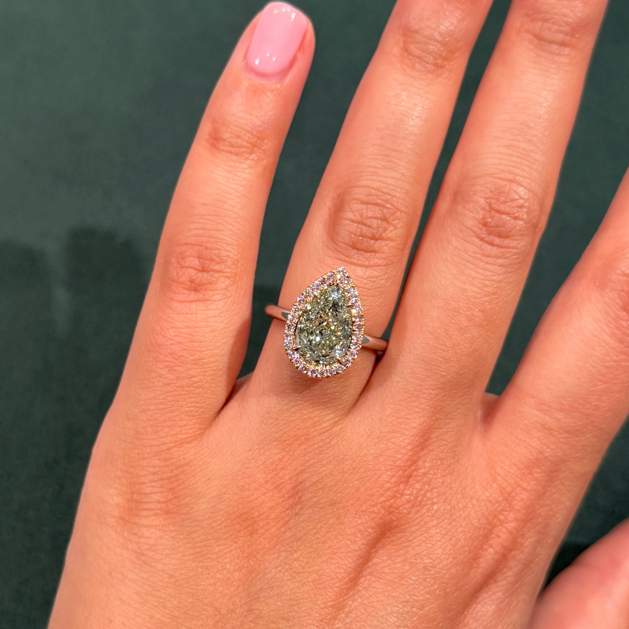 3.79ct Fancy Light Grayish Yellowish Green Pear Diamond Ring VS2 GIA
