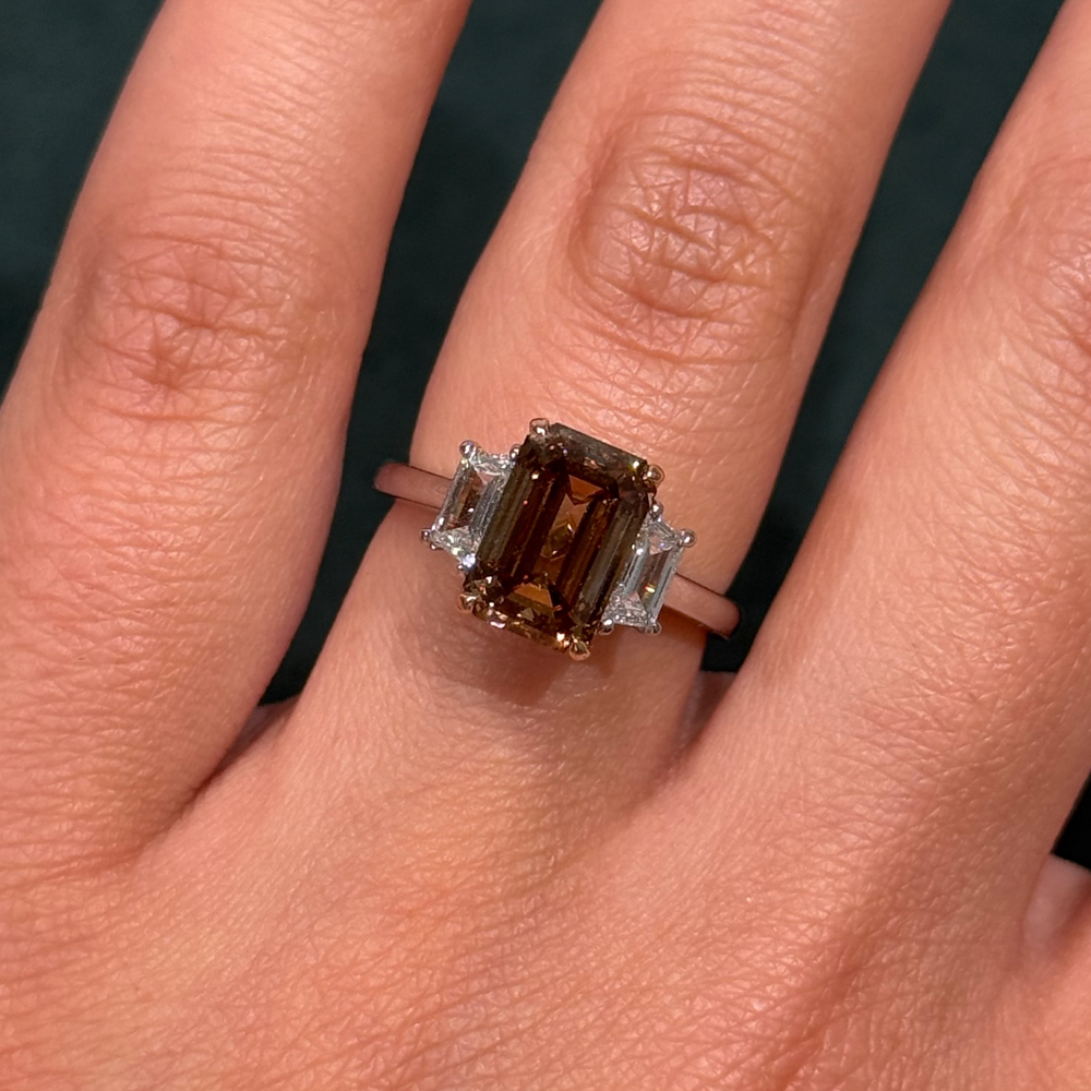 3.03ct Fancy Dark Yellowish Brown Emerald-Cut Diamond Ring VS2 GIA
