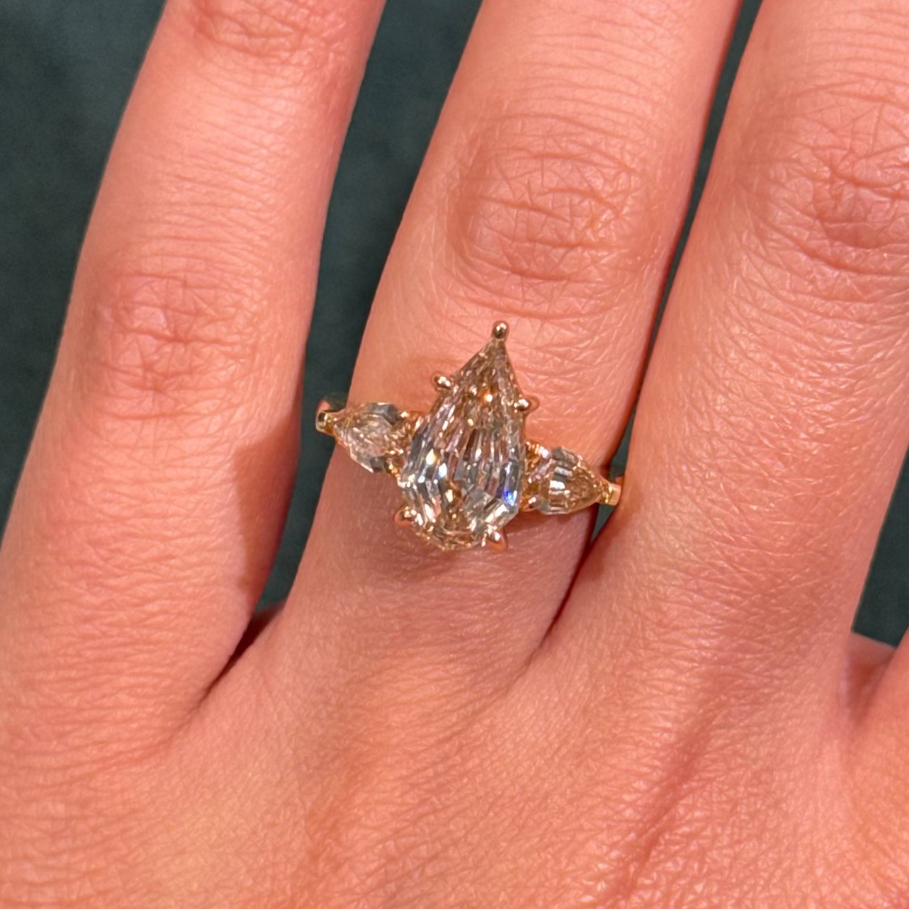 2.63ct Light Brown Step-Cut Pear Diamond Three Stone Ring