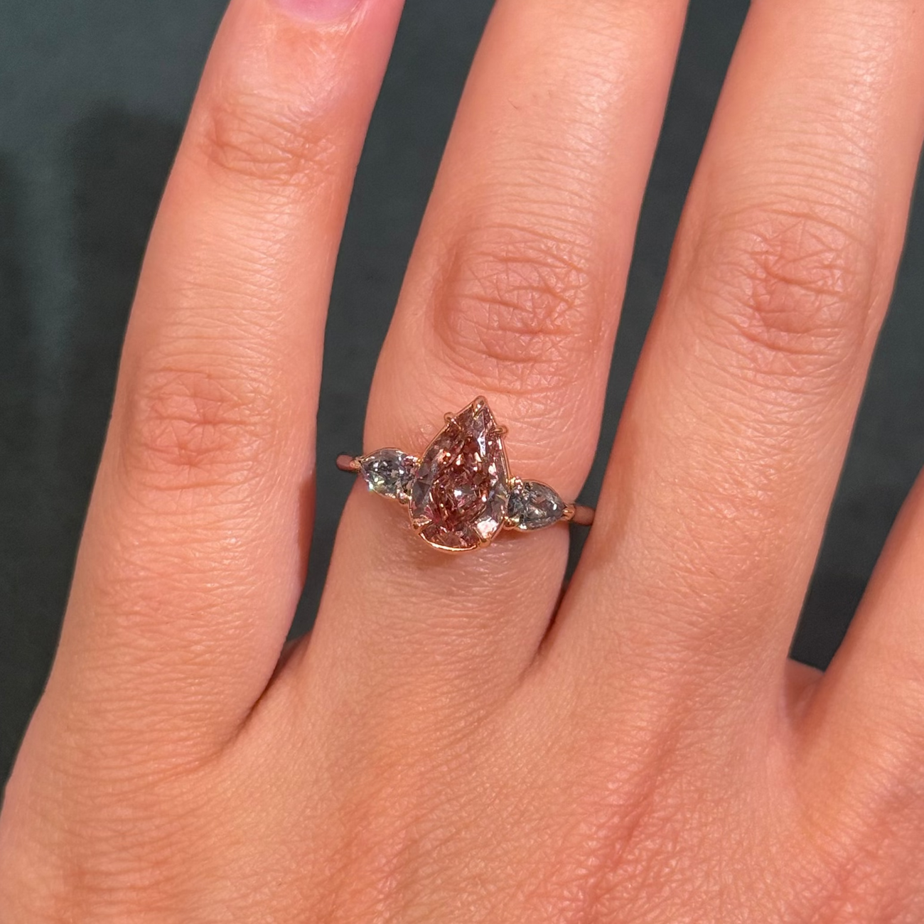 2.22ct Fancy Deep Brown-Pink Pear Diamond VS2 GIA Ring with Blue Diamond Sides