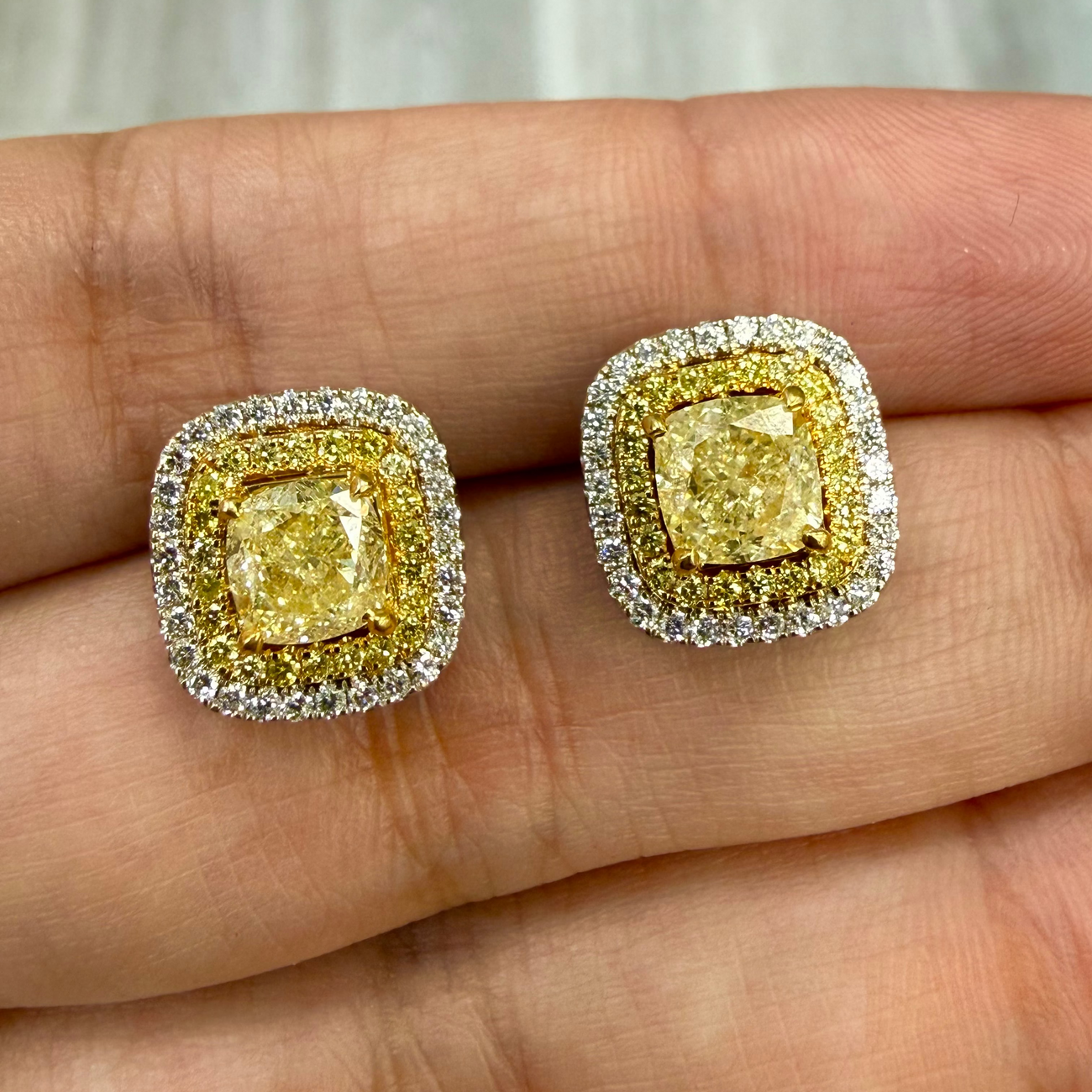 Yellow Cushion Diamond Double Halo Stud Earrings