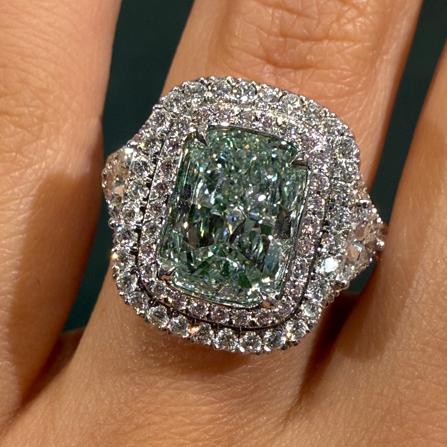 3.34ct Fancy Light Green Radiant Diamond Ring SI2 GIA